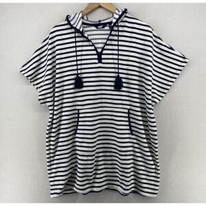 LANDS END Dress Womens SM Terrycloth Striped Swim Cover Up Pullover Blue White
